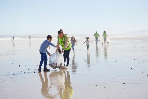 Matka i syn wolontariusze sprzątają śmieci na słonecznej, mokrej, piaszczystej plaży