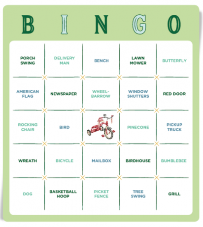 gra bingo z różnymi rzeczami do zauważenia w okolicy, od czerwonych drzwi po huśtawkę na drzewie