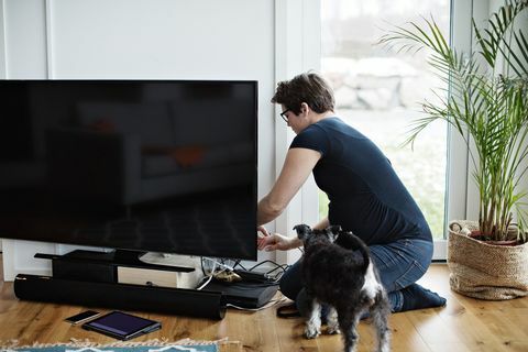 kobieta w ciąży układa kable od telewizora, klęcząc przed psem w salonie