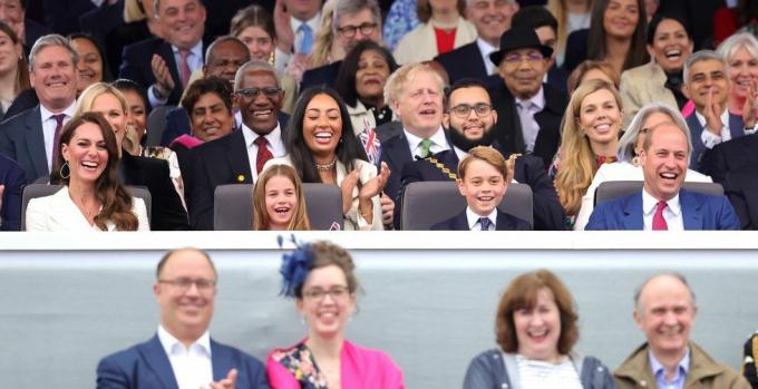 Londyn, Anglia 04 czerwca l r Catherine, księżna Cambridge, księżniczka Charlotte z Cambridge, książę George z Cambridge, książę William, książę Cambridge Miś Paddington i królowa hm na ekranie podczas platynowej imprezy w pałacu przed pałacem Buckingham, 4 czerwca 2022 r. w Londynie, anglia, platyna jubileusz Elżbiety II będzie obchodzony w Wielkiej Brytanii i Wspólnocie od 2 do 5 czerwca 2022 r. z okazji 70. rocznicy wstąpienia królowej Elżbiety na tron ii, 6 lutego 1952 r., zdjęcie: chris jackson, wpapoolgetty Images, 4 czerwca 2022 r. w londynie, anglia, od 1952 r. obchodzony jest platynowy jubileusz Elżbiety II od 2 do 5 czerwca 2022 r. w Wielkiej Brytanii i Wspólnocie Narodów z okazji 70. rocznicy wstąpienia na tron ​​królowej Elżbiety II w dniu 6 lutego 1952 r., zdjęcie: chris jacksongetty obrazy