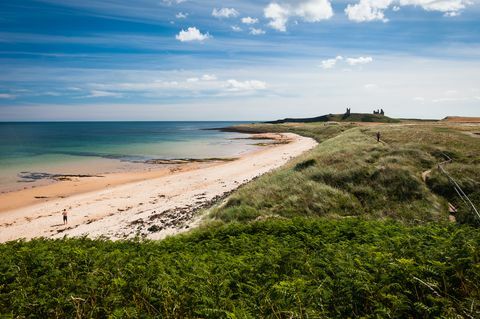 mężczyzna stoi na spokojnej plaży z zamkiem Dunstanburgh na horyzoncie, ścieżka wybrzeża Northumberland, Northumberland, Anglia 9 sierpnia 2018 r.