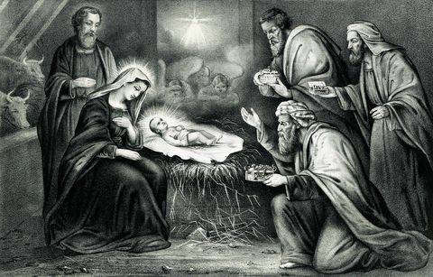 vintage ilustracja biblijna przedstawia narodziny Jezusa Chrystusa, opisane w Ewangeliach Łukasza i Mateusza