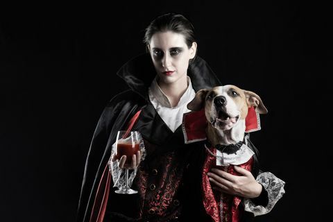 młoda kobieta ze szklanką czerwonego napoju i jej szczeniakiem przebranym w ten sam kostium Draculi