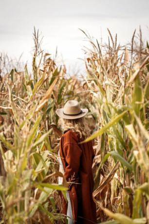 stylowa kobieta w czerwonym płaszczu i kapeluszu stoi na polu kukurydzy