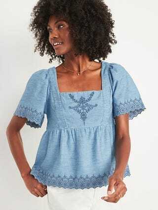 Haftowany top Chambray Flutter-Sleeve