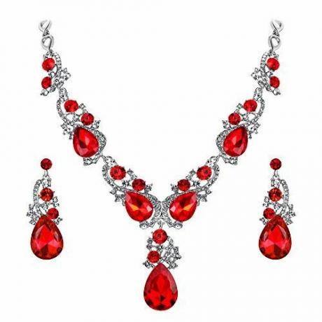 Naszyjnik i kolczyki Czerwony kryształowy komplet biżuterii 