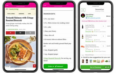 trzy telefony pokazujące przepis, przycisk instacart i stronę instacart ze składnikami