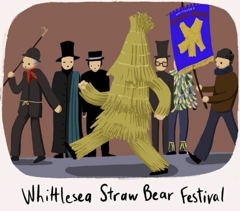 Straw Bear Festival - najdziwniejsze brytyjskie tradycje - Domki z postaciami